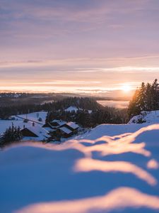 Preview wallpaper sunset, snow, houses, mountains, winter, landscape
