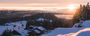 Preview wallpaper sunset, snow, houses, mountains, winter, landscape