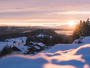 Preview wallpaper sunset, snow, houses, mountains, winter, landscape