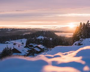 Preview wallpaper sunset, snow, houses, mountains, winter, landscape