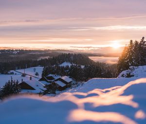 Preview wallpaper sunset, snow, houses, mountains, winter, landscape