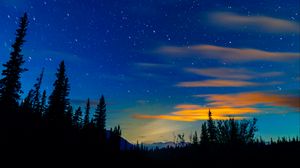 Preview wallpaper sunset, spruce, trees, sky, stars
