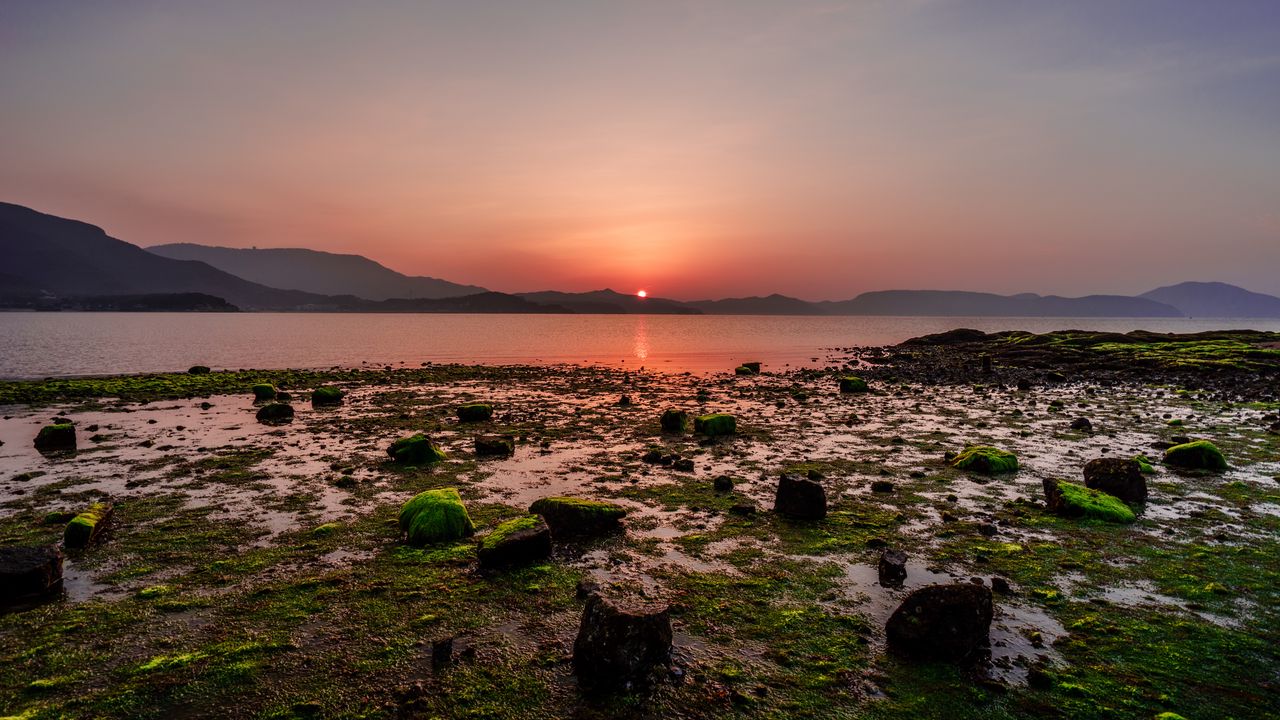 Wallpaper sunset, stones, mountains, horizon