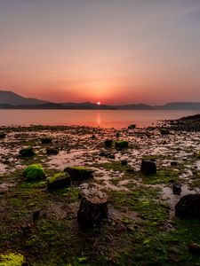 Preview wallpaper sunset, stones, mountains, horizon