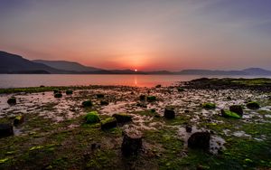 Preview wallpaper sunset, stones, mountains, horizon