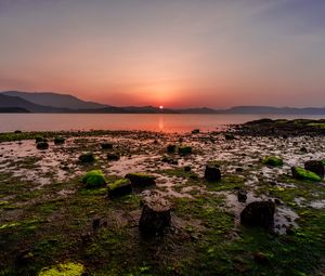 Preview wallpaper sunset, stones, mountains, horizon
