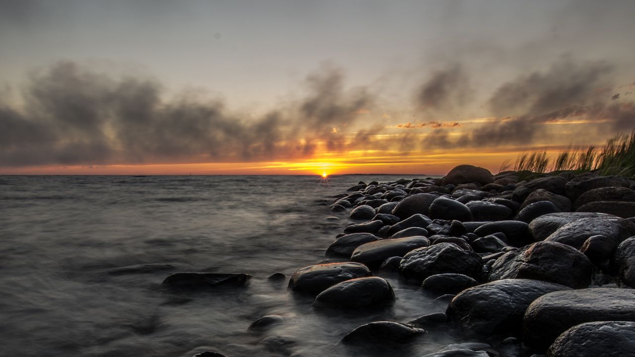Wallpaper sunset, stones, sea, water, horizon, sky
