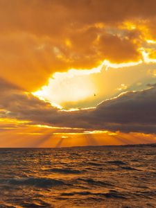 Preview wallpaper sunset, sun, horizon, waves, sky