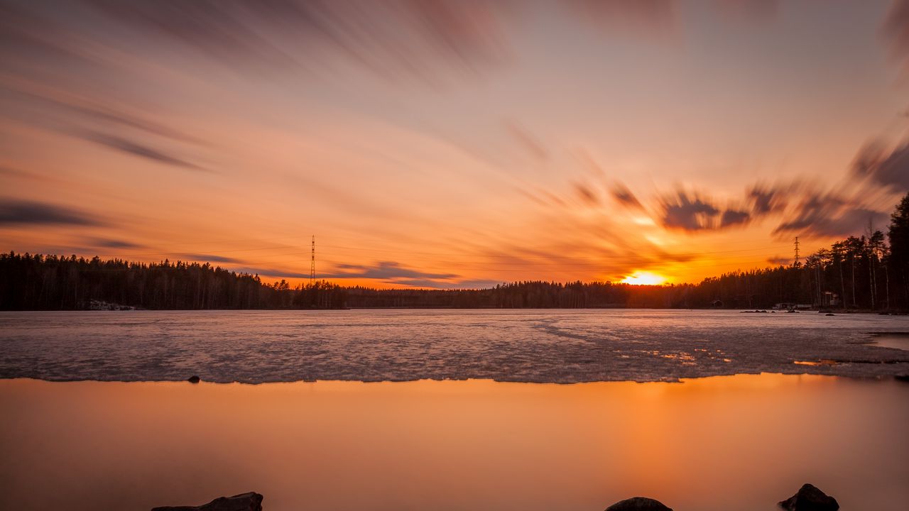 Wallpaper sunset, sun, lake, ice, stones