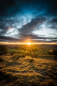 Preview wallpaper sunset, sun, rays, light, field, landscape