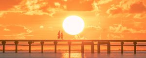 Preview wallpaper sunset, sun, silhouette, bridge, sea, glare