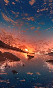Preview wallpaper sunset, sun, starry sky, reflection, art