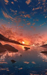 Preview wallpaper sunset, sun, starry sky, reflection, art