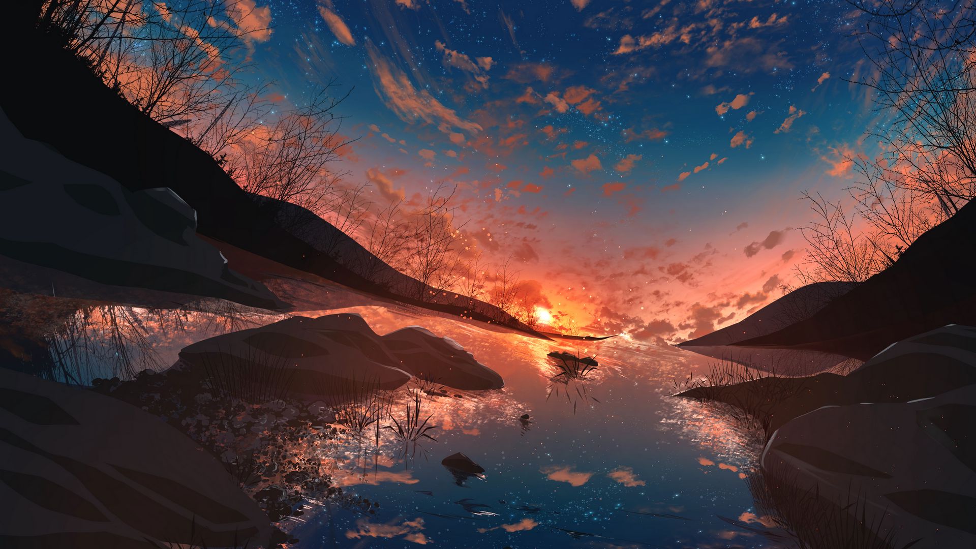 Download Wallpaper 1920x1080 Sunset, Sun, Starry Sky, Reflection, Art 