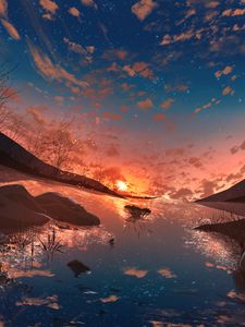 Preview wallpaper sunset, sun, starry sky, reflection, art