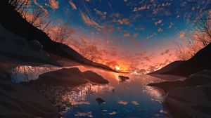 Preview wallpaper sunset, sun, starry sky, reflection, art