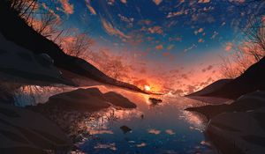Preview wallpaper sunset, sun, starry sky, reflection, art