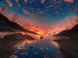 Preview wallpaper sunset, sun, starry sky, reflection, art
