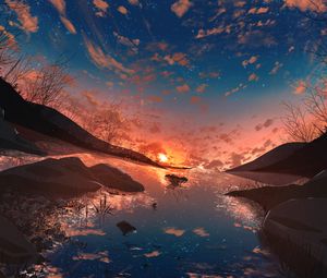 Preview wallpaper sunset, sun, starry sky, reflection, art