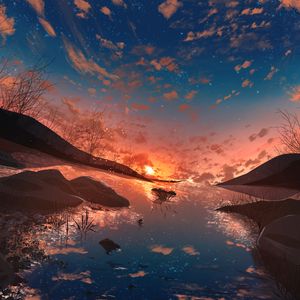 Preview wallpaper sunset, sun, starry sky, reflection, art