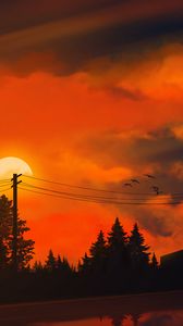 Preview wallpaper sunset, sun, trees, wires, art