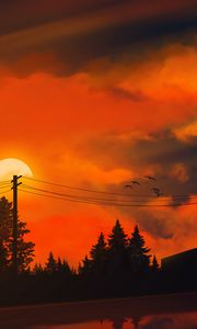 Preview wallpaper sunset, sun, trees, wires, art