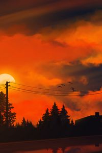 Preview wallpaper sunset, sun, trees, wires, art