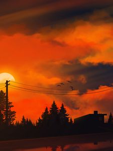 Preview wallpaper sunset, sun, trees, wires, art