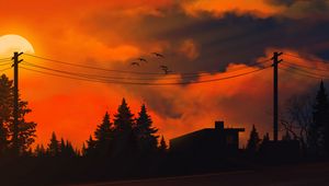 Preview wallpaper sunset, sun, trees, wires, art