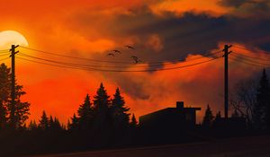 Preview wallpaper sunset, sun, trees, wires, art