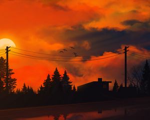 Preview wallpaper sunset, sun, trees, wires, art