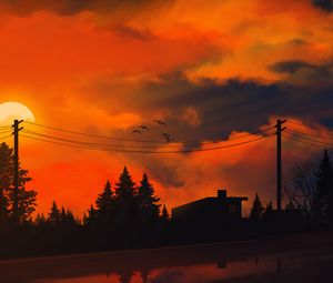 Preview wallpaper sunset, sun, trees, wires, art