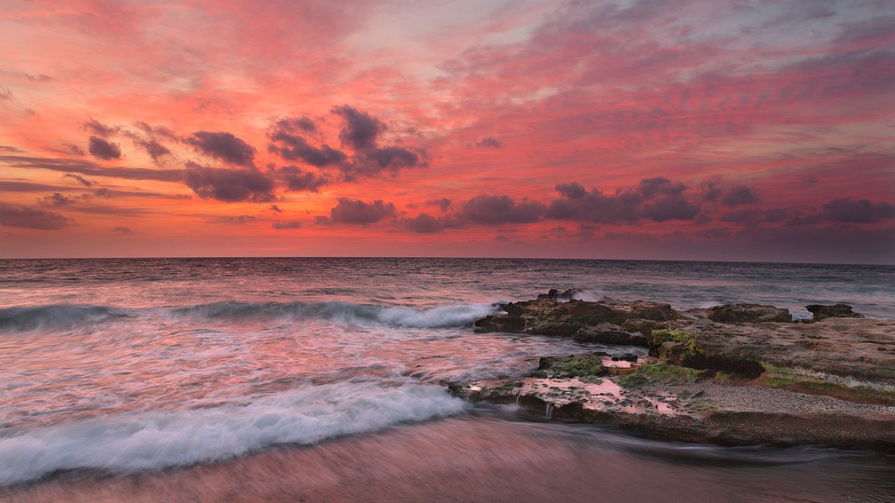 Wallpaper sunset, surf, waves, rocks