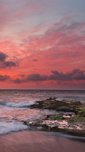 Preview wallpaper sunset, surf, waves, rocks