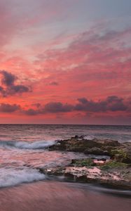 Preview wallpaper sunset, surf, waves, rocks