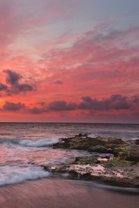 Preview wallpaper sunset, surf, waves, rocks