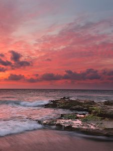 Preview wallpaper sunset, surf, waves, rocks