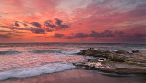 Preview wallpaper sunset, surf, waves, rocks