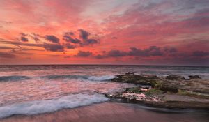 Preview wallpaper sunset, surf, waves, rocks