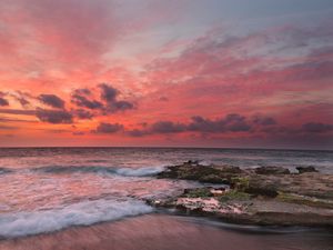 Preview wallpaper sunset, surf, waves, rocks