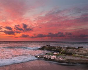 Preview wallpaper sunset, surf, waves, rocks