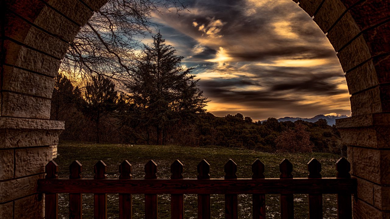 Wallpaper sunset, trees, fence, arch