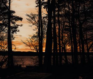 Preview wallpaper sunset, trees, sea, silhouette, pier
