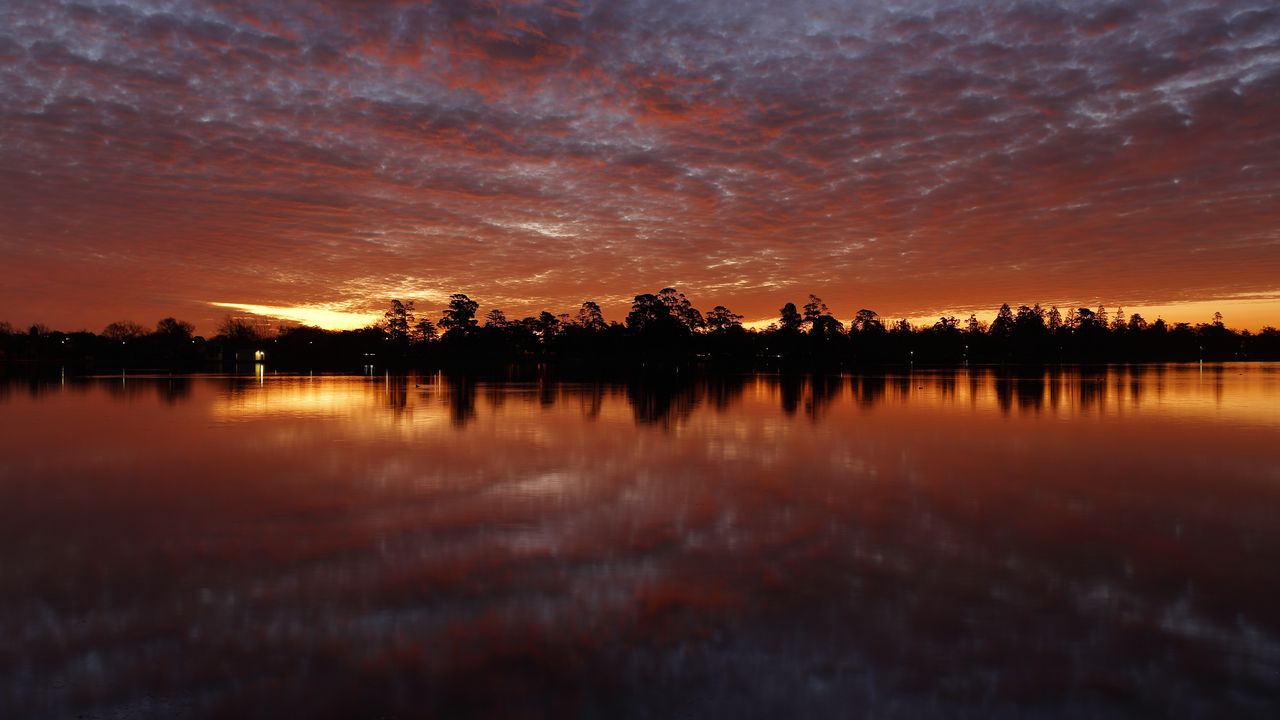 Wallpaper sunset, trees, water, reflection