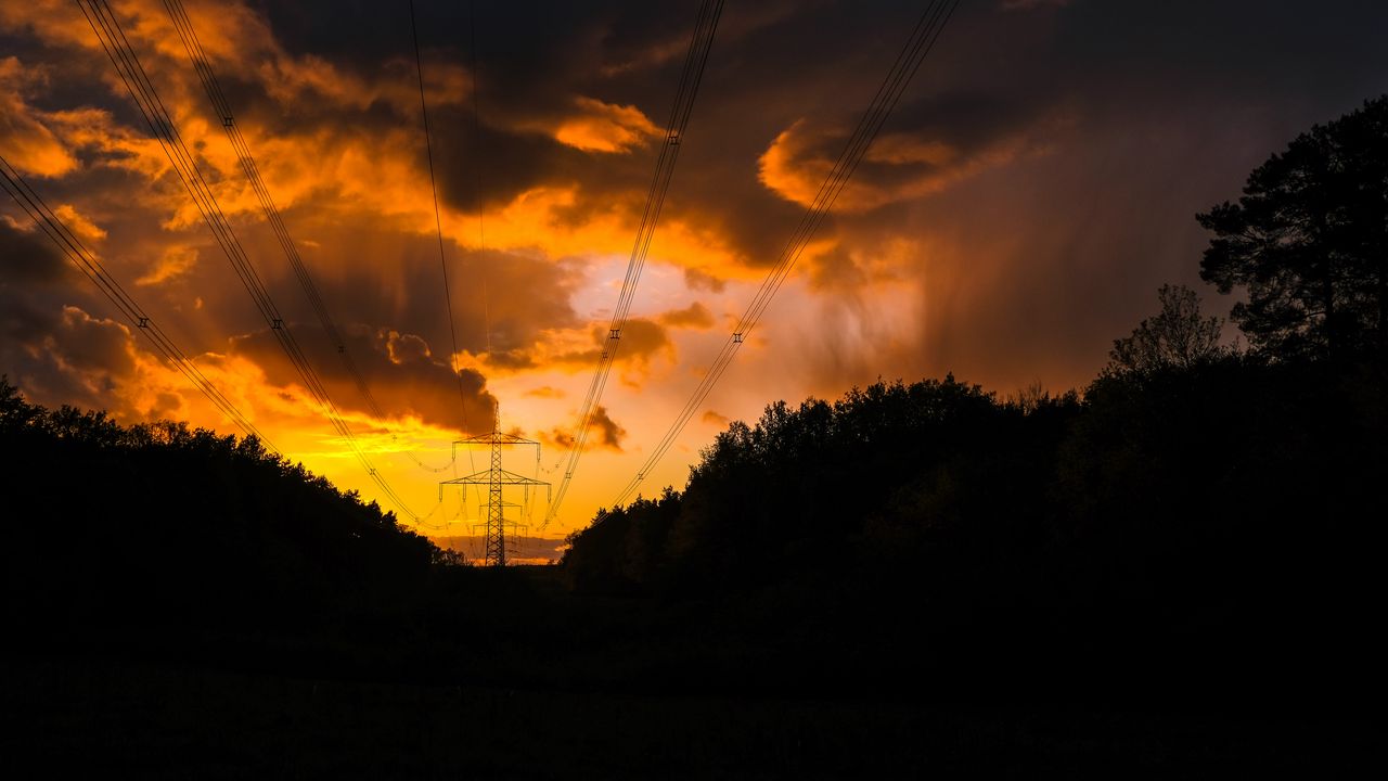 Wallpaper sunset, trees, wires, clouds