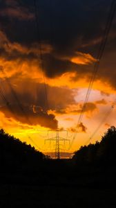 Preview wallpaper sunset, trees, wires, clouds