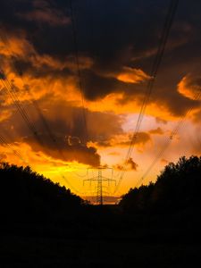 Preview wallpaper sunset, trees, wires, clouds