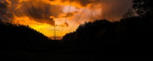 Preview wallpaper sunset, trees, wires, clouds