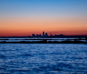 Preview wallpaper sunset, water, city, buildings, silhouettes, dark