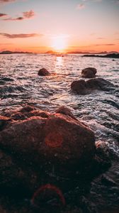 Preview wallpaper sunset, water, stones, waves, coast